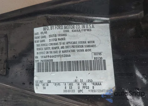 2000 Ford Mustang z USA, uszkodzony, nr VIN 1FAFP4443YF252866